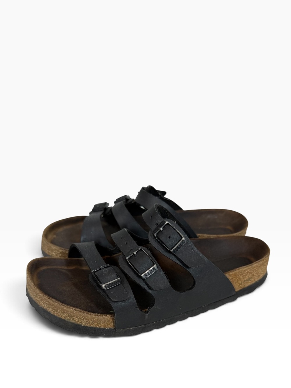 BIRKENSTOCK 36 Three Strap Sandals Black Leather with Black coated buckles